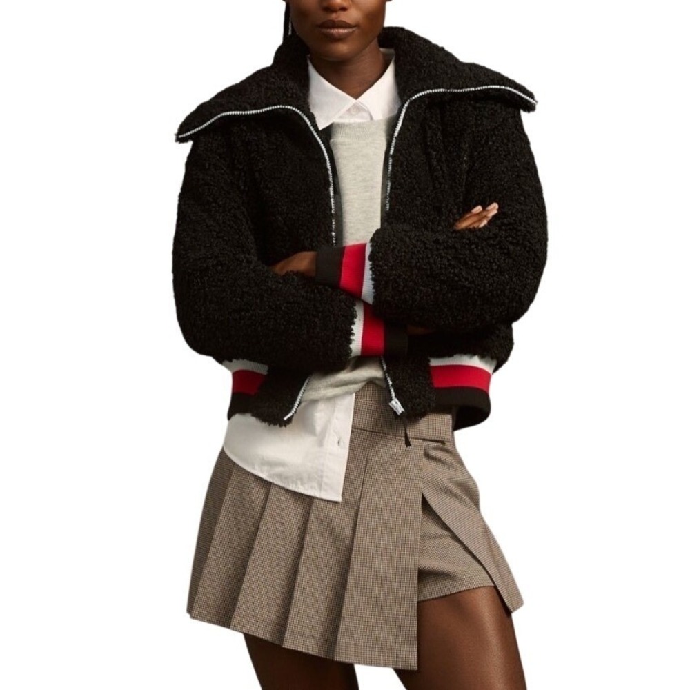 Maeve Anthropologie Sherpa Letterman Bomber Jacket Black Red White Stripe Small